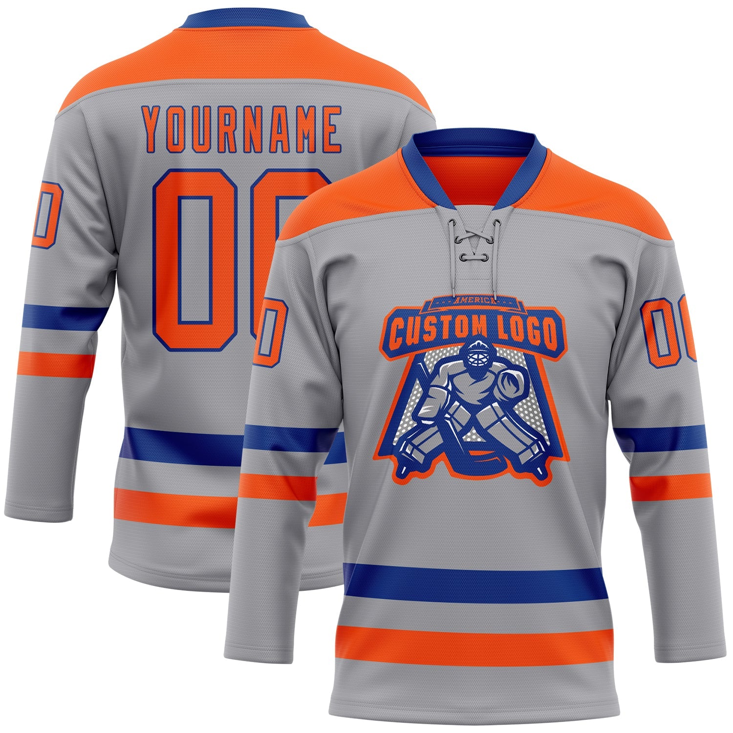 Custom Gray Orange-Royal Hockey Lace Neck Jersey view 2