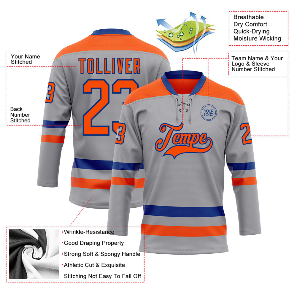 Custom Gray Orange-Royal Hockey Lace Neck Jersey view 3