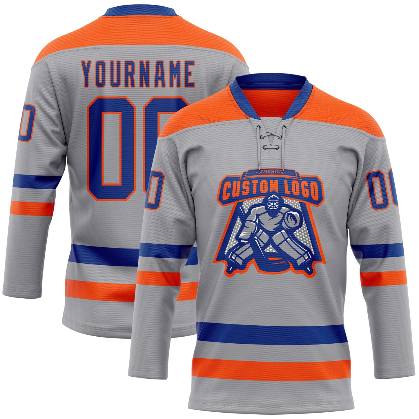 Custom Gray Royal-Orange Hockey Lace Neck Jersey view 2