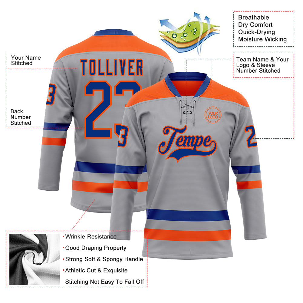 Custom Gray Royal-Orange Hockey Lace Neck Jersey view 3