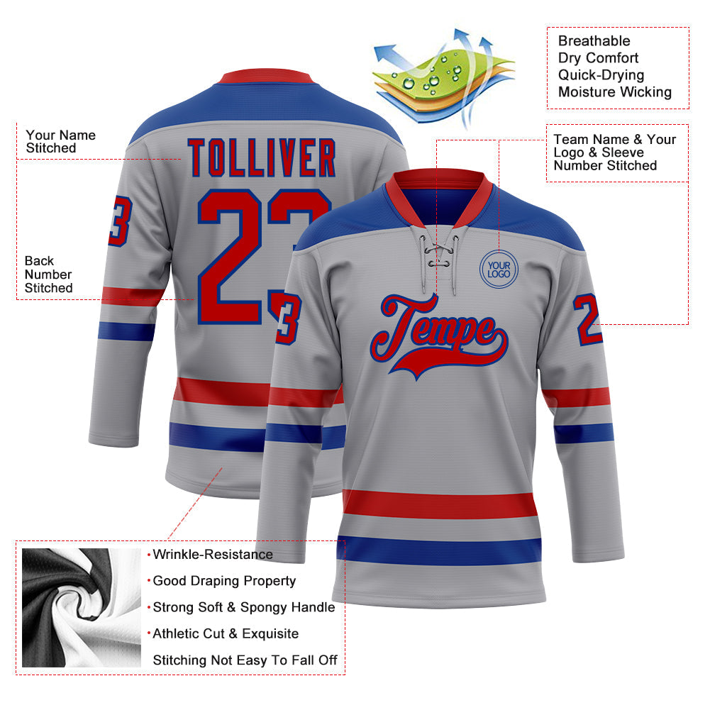 Custom Gray Red-Royal Hockey Lace Neck Jersey view 3