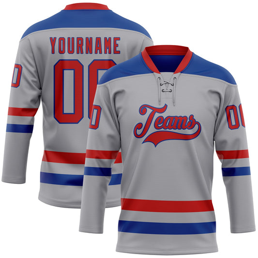 Custom Gray Red-Royal Hockey Lace Neck Jersey - Main View