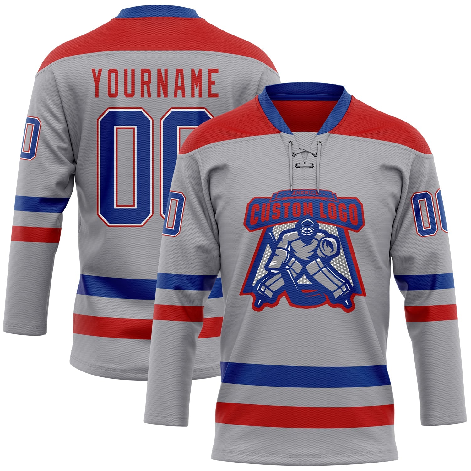 Custom Gray Royal-Red Hockey Lace Neck Jersey view 2