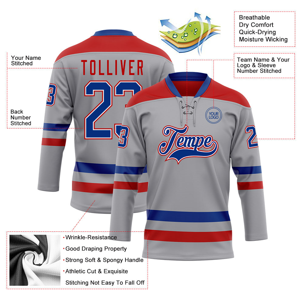 Custom Gray Royal-Red Hockey Lace Neck Jersey view 3