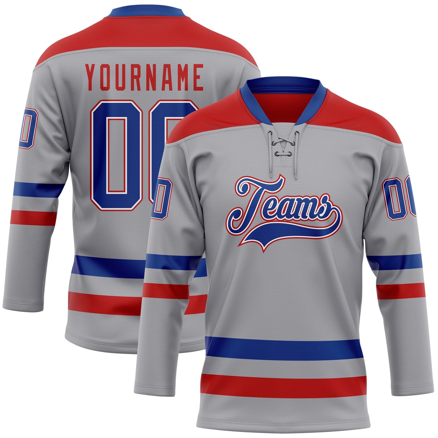 Custom Gray Royal-Red Hockey Lace Neck Jersey - Main View