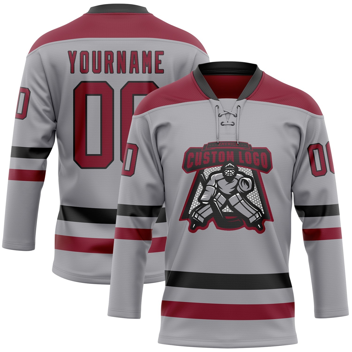 Custom Gray Crimson-Black Hockey Lace Neck Jersey view 2