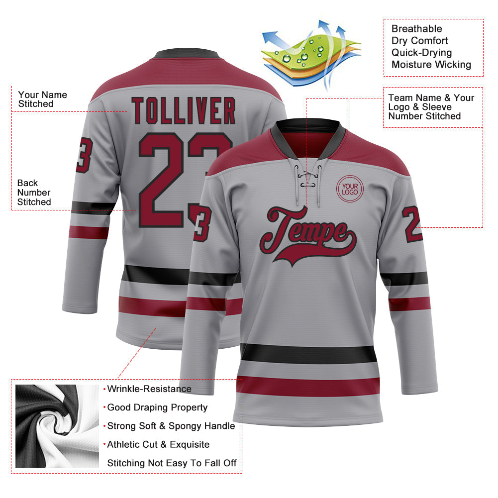 Custom Gray Crimson-Black Hockey Lace Neck Jersey view 3