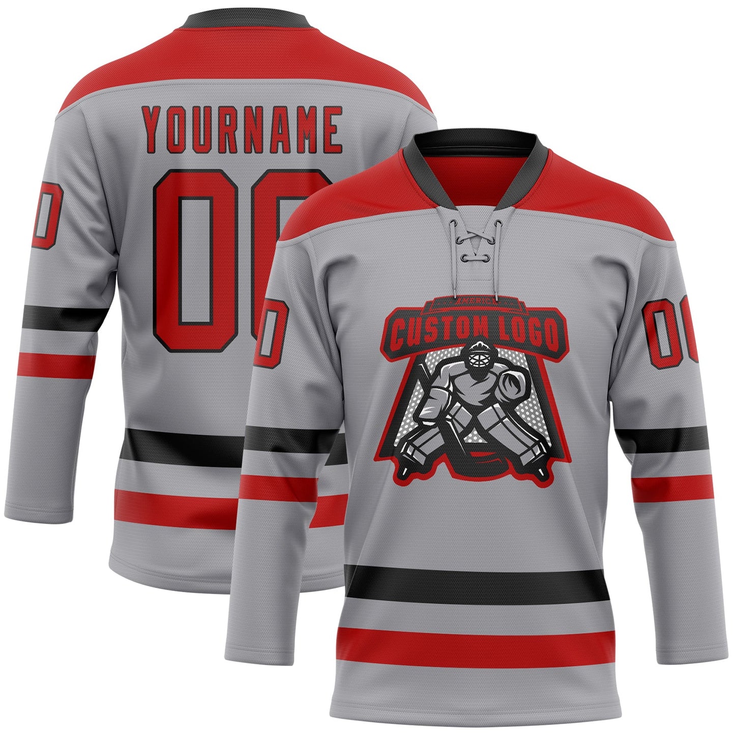 Custom Gray Red-Black Hockey Lace Neck Jersey view 2