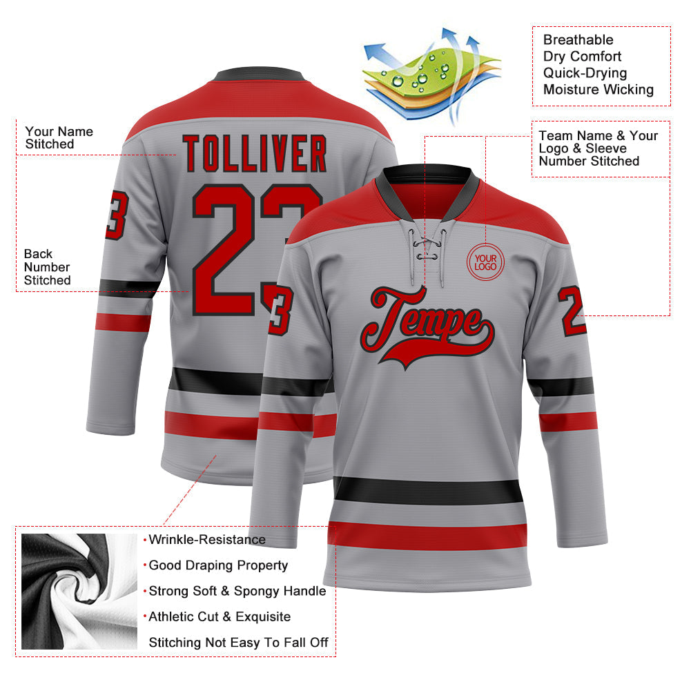 Custom Gray Red-Black Hockey Lace Neck Jersey view 3