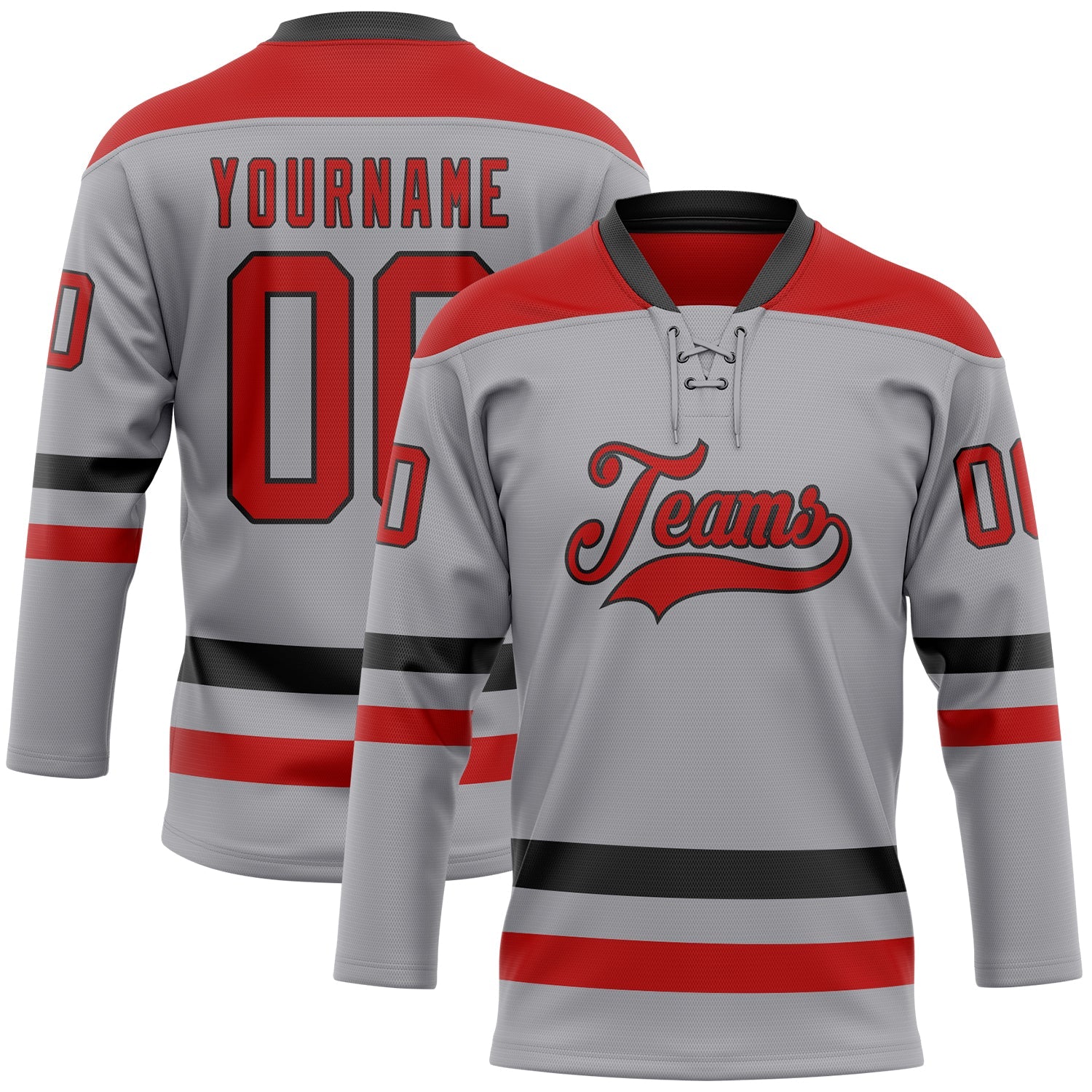 Custom Gray Red-Black Hockey Lace Neck Jersey - Main View