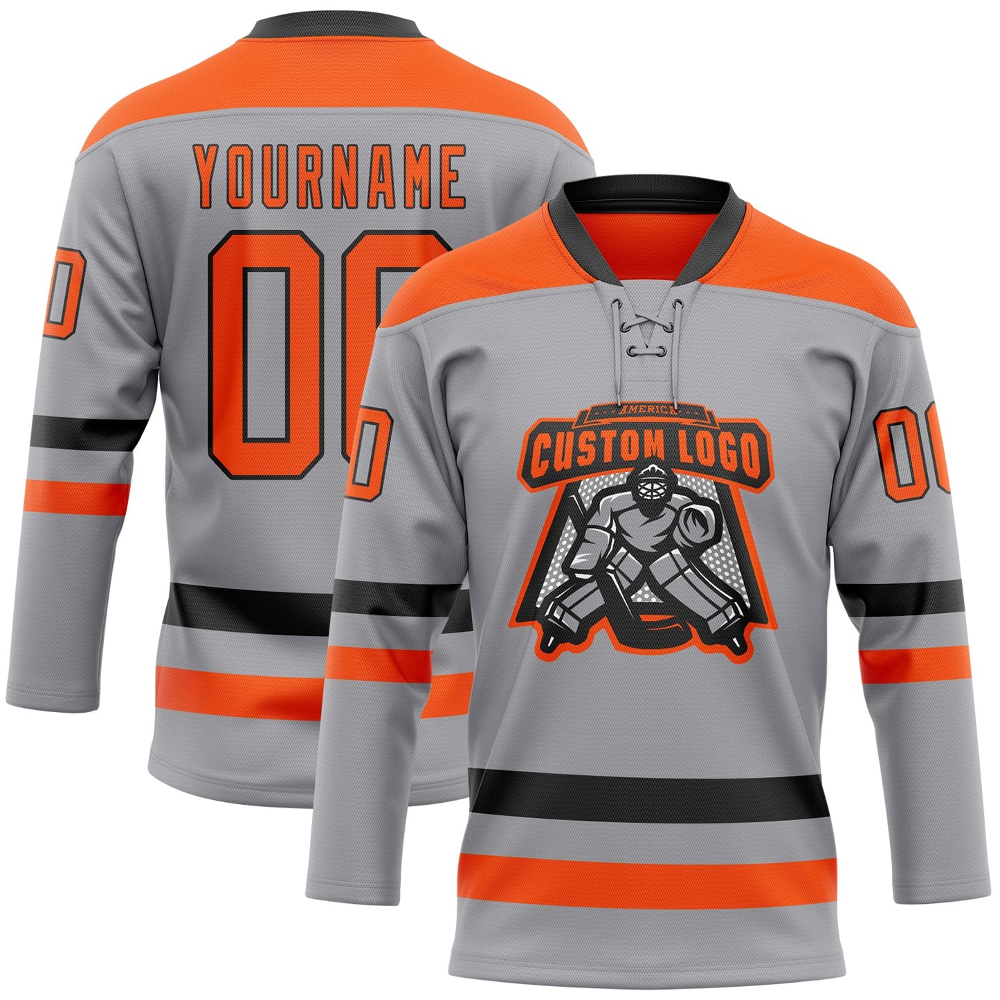 Custom Gray Orange-Black Hockey Lace Neck Jersey view 2