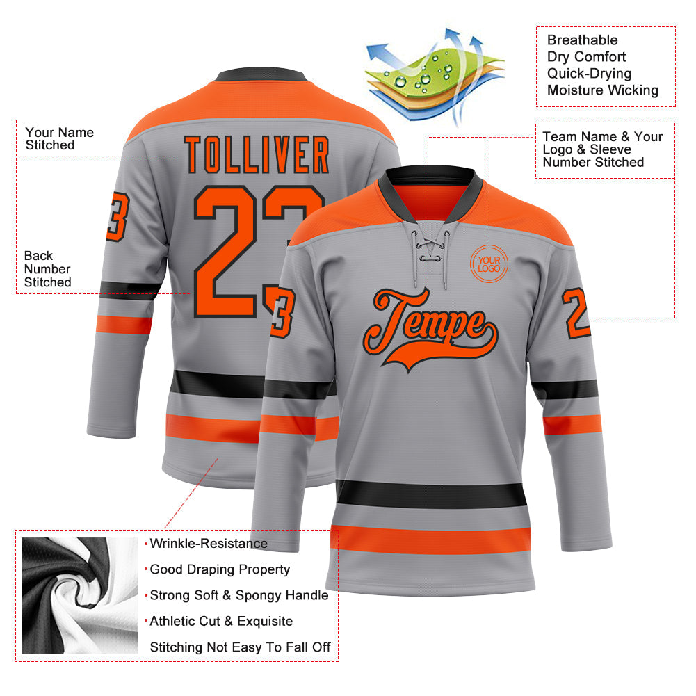 Custom Gray Orange-Black Hockey Lace Neck Jersey view 3