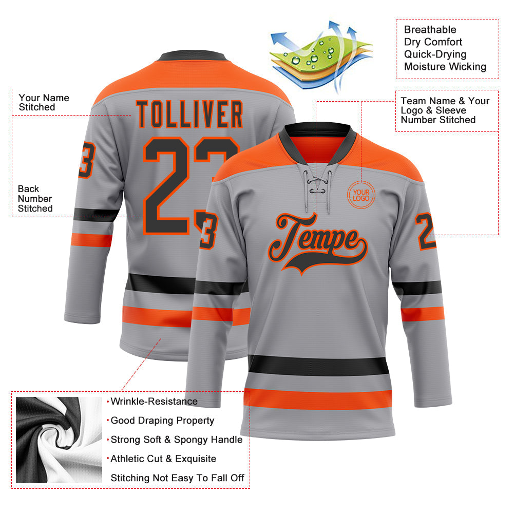 Custom Gray Black-Orange Hockey Lace Neck Jersey view 3