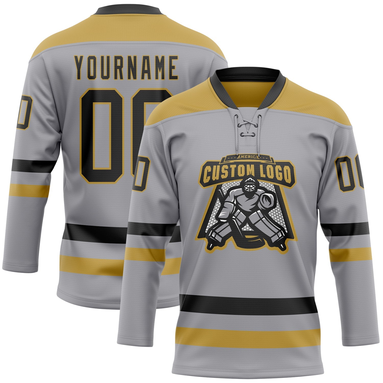 Custom Gray Black-Old Gold Hockey Lace Neck Jersey view 2