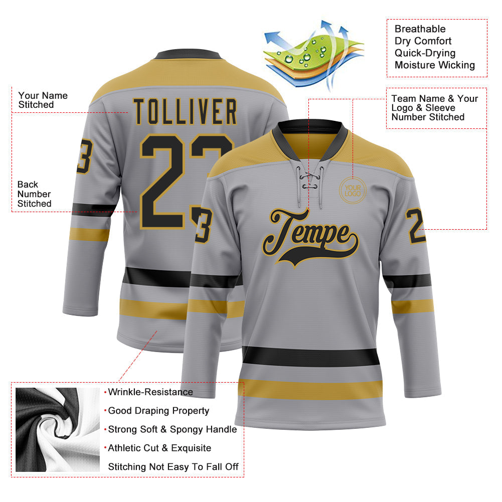 Custom Gray Black-Old Gold Hockey Lace Neck Jersey view 3