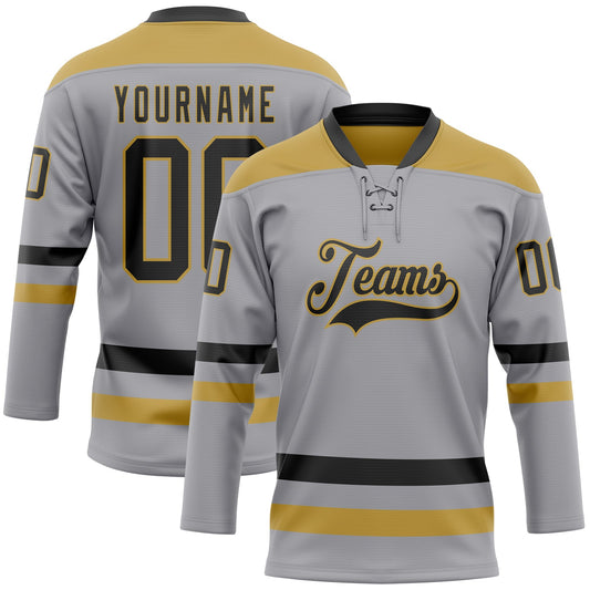 Custom Gray Black-Old Gold Hockey Lace Neck Jersey - Main View
