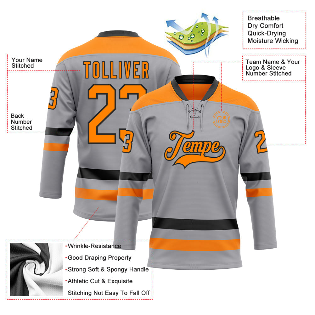 Custom Gray Bay Orange-Black Hockey Lace Neck Jersey view 3