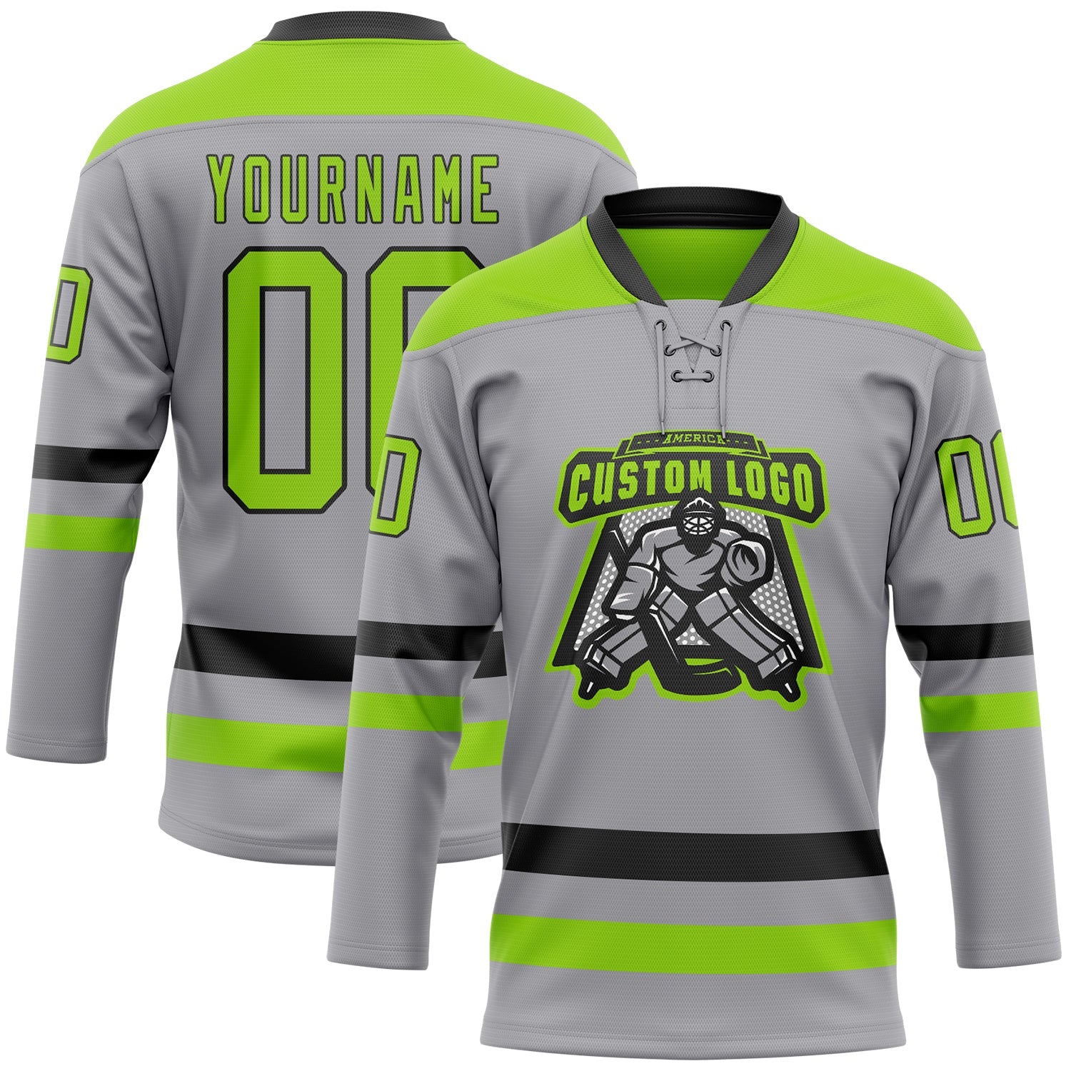 Custom Gray Neon Green-Black Hockey Lace Neck Jersey view 2