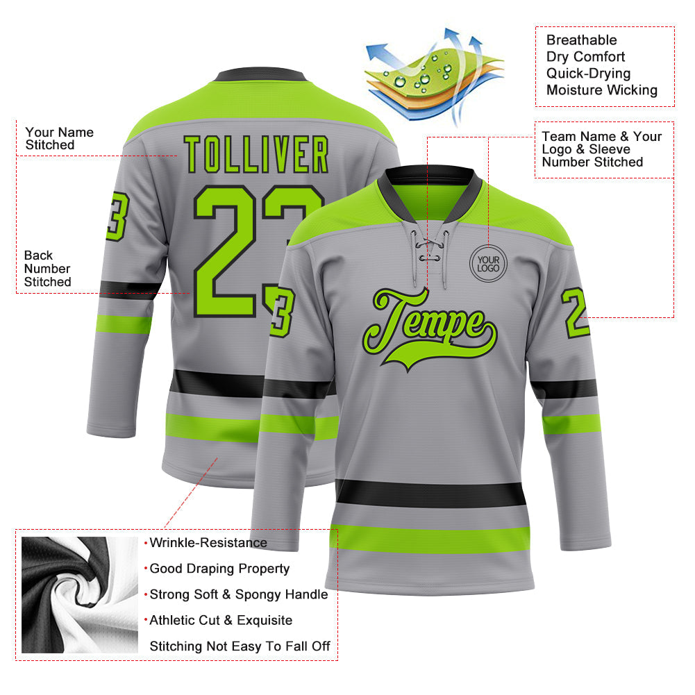 Custom Gray Neon Green-Black Hockey Lace Neck Jersey view 3