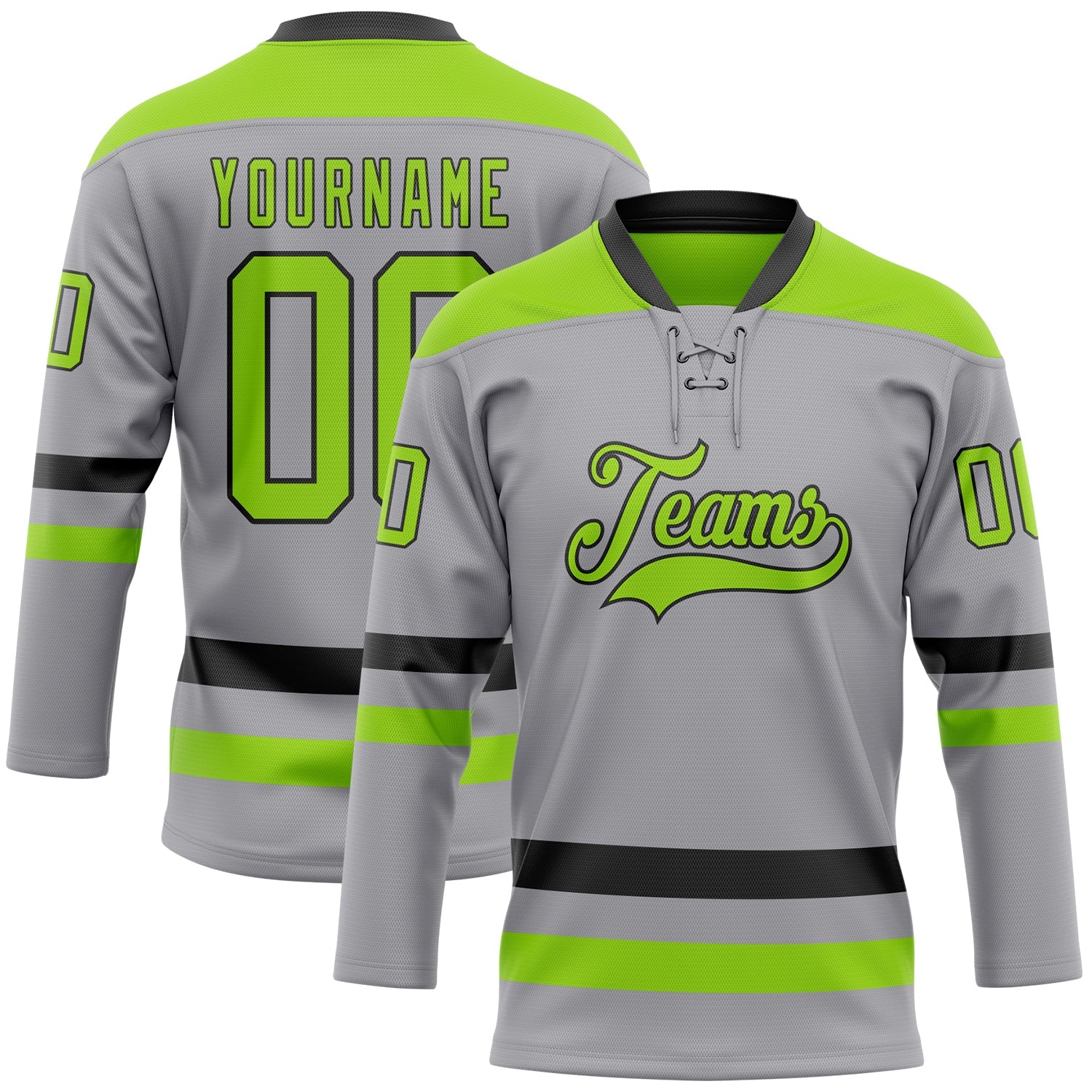 Custom Gray Neon Green-Black Hockey Lace Neck Jersey - Main View
