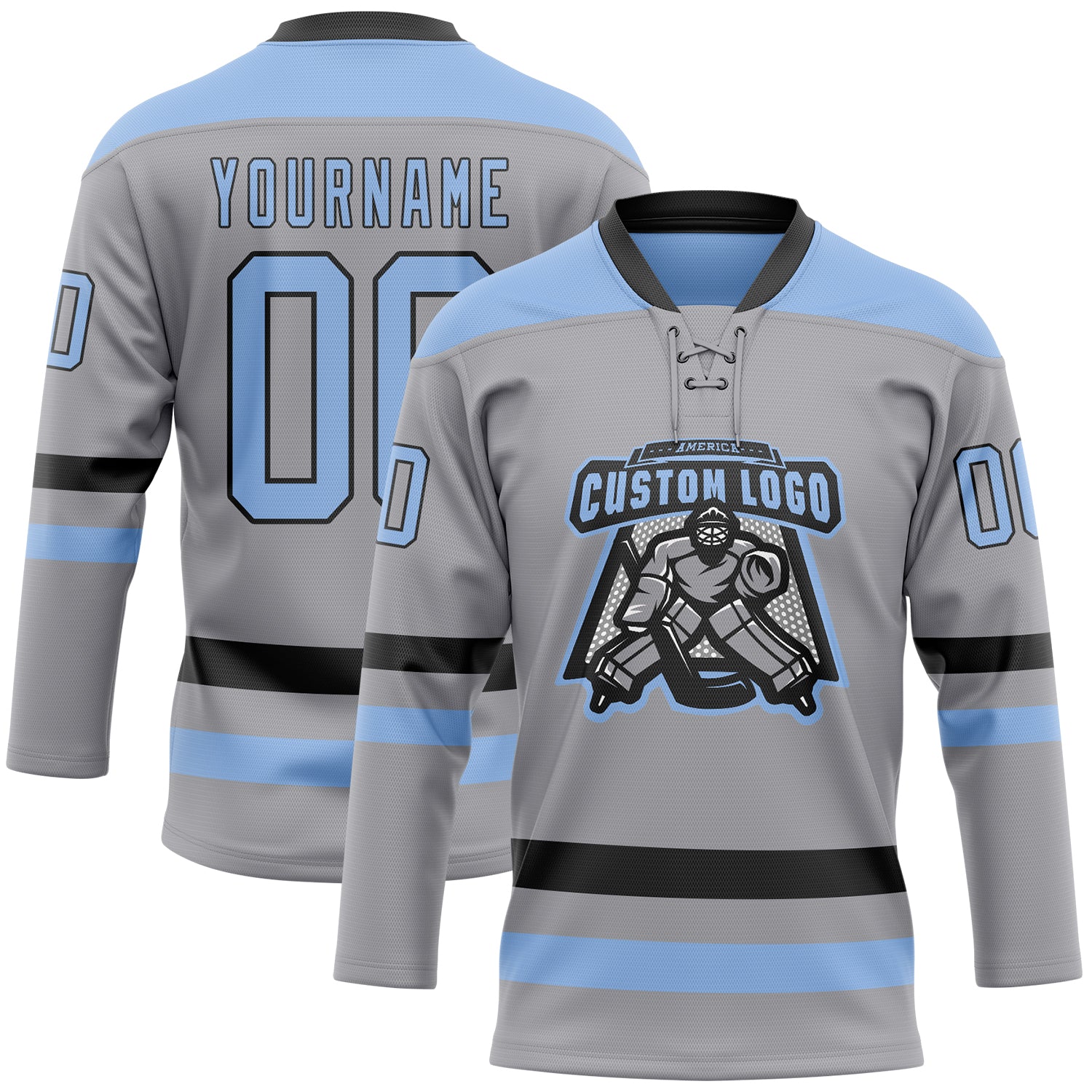 Custom Gray Light Blue-Black Hockey Lace Neck Jersey view 2