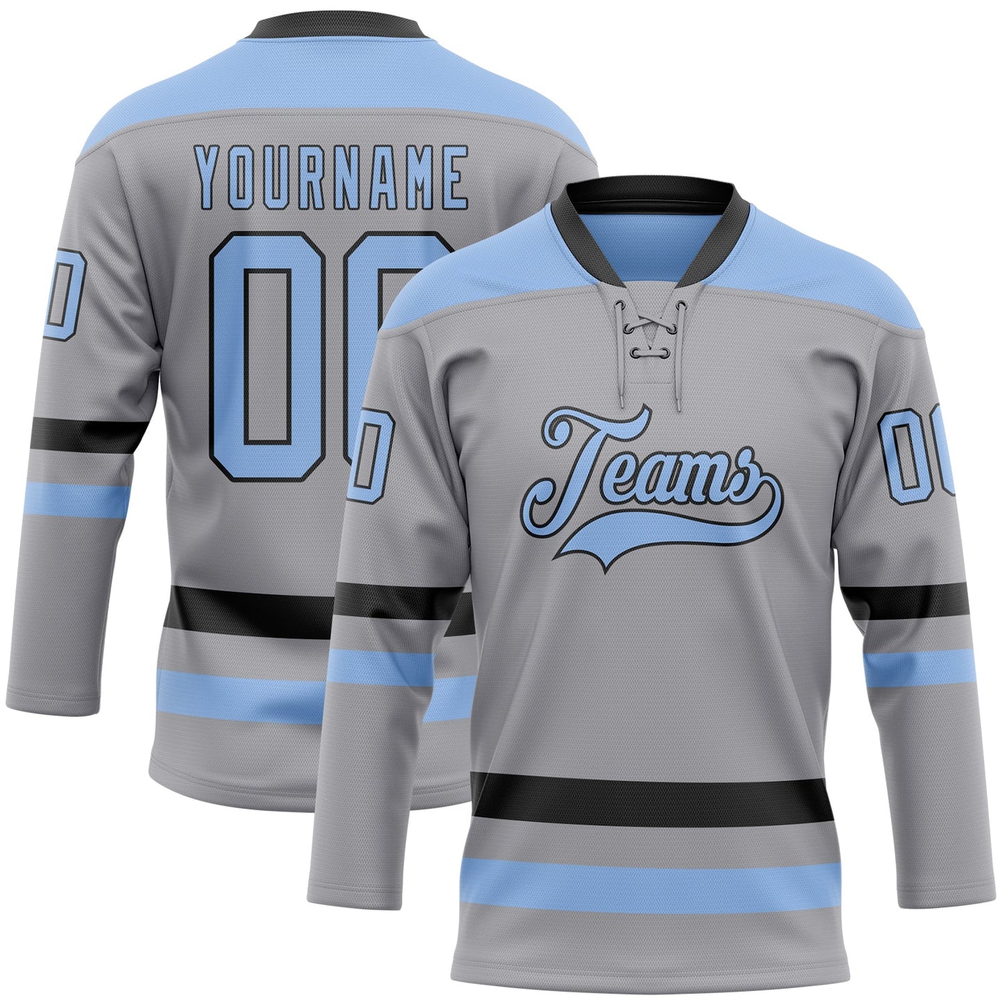 Custom Gray Light Blue-Black Hockey Lace Neck Jersey - Main View