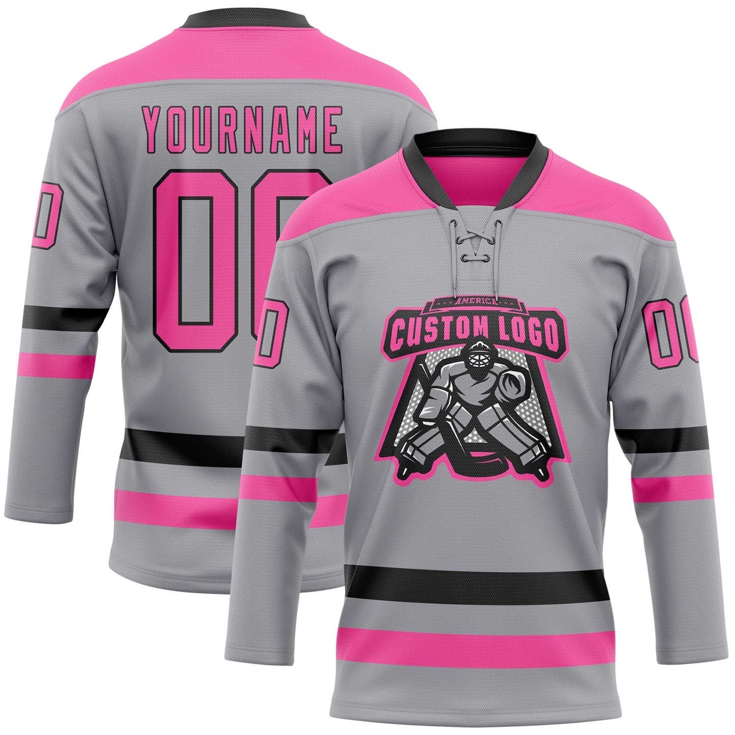 Custom Gray Pink-Black Hockey Lace Neck Jersey view 2