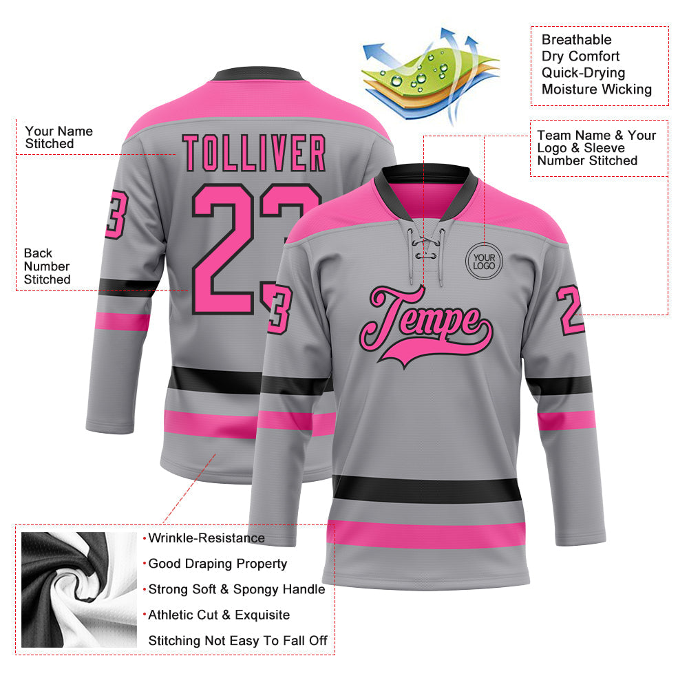 Custom Gray Pink-Black Hockey Lace Neck Jersey view 3