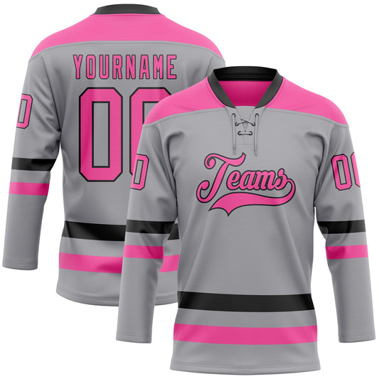 Custom Gray Pink-Black Hockey Lace Neck Jersey - Main View
