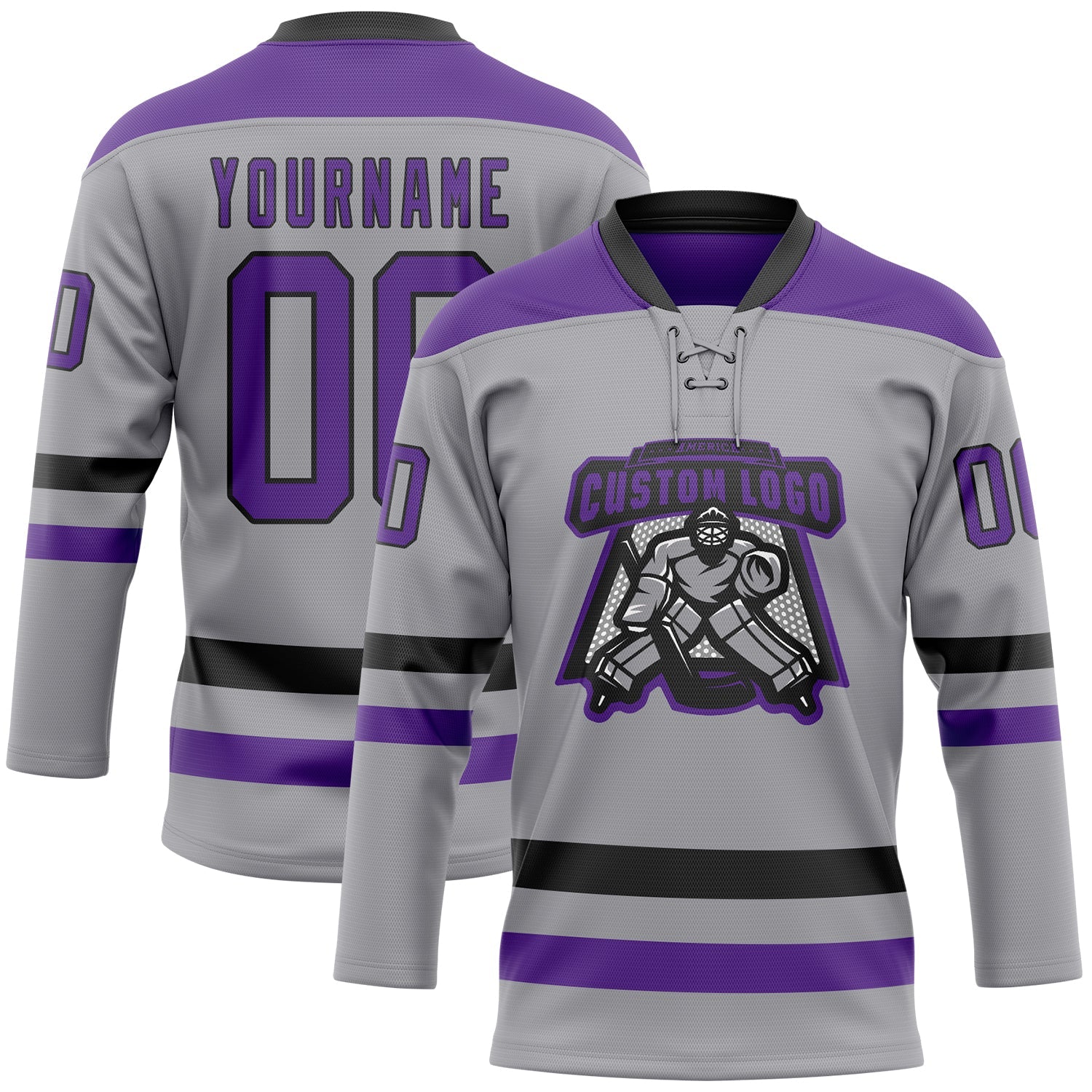 Custom Gray Purple-Black Hockey Lace Neck Jersey view 2