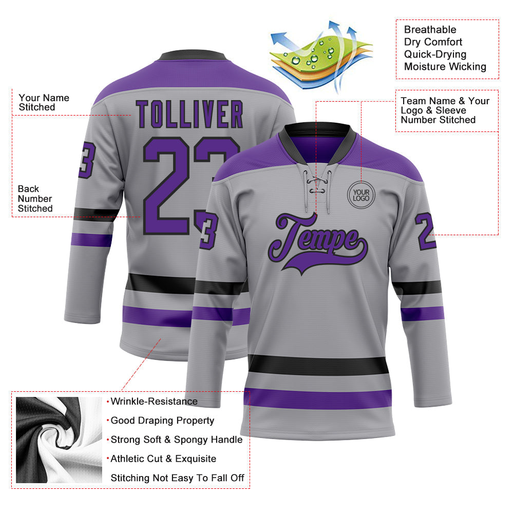 Custom Gray Purple-Black Hockey Lace Neck Jersey view 3