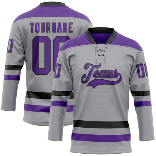Custom Gray Purple-Black Hockey Lace Neck Jersey - Main View