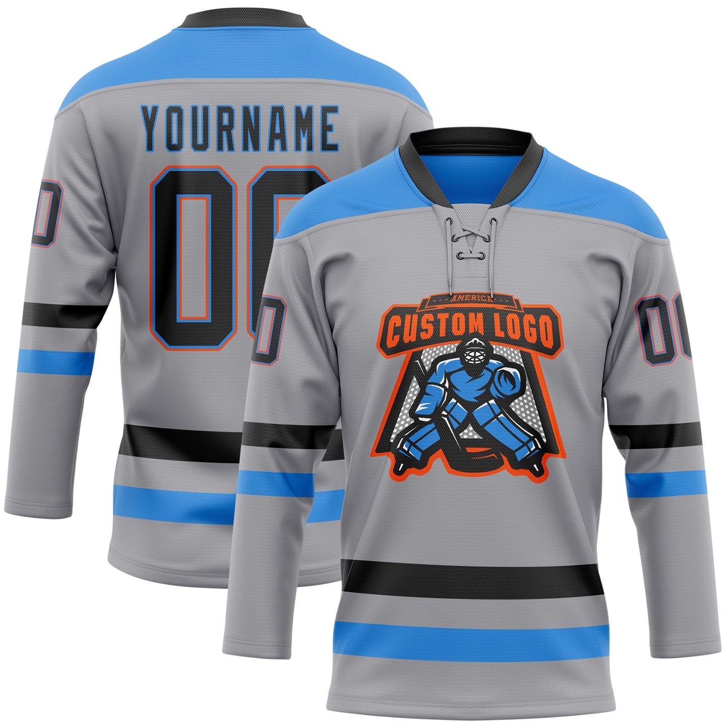 Custom Gray Black Powder Blue-Orange Hockey Lace Neck Jersey view 2