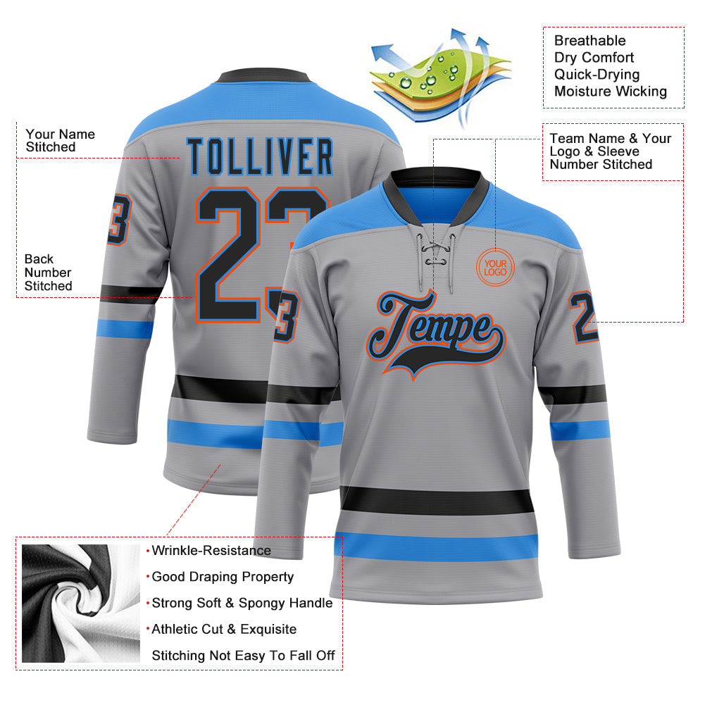Custom Gray Black Powder Blue-Orange Hockey Lace Neck Jersey view 3