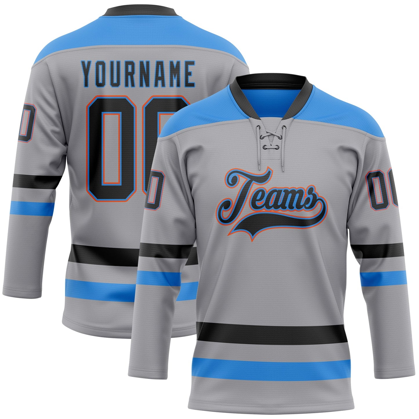 Custom Gray Black Powder Blue-Orange Hockey Lace Neck Jersey - Main View