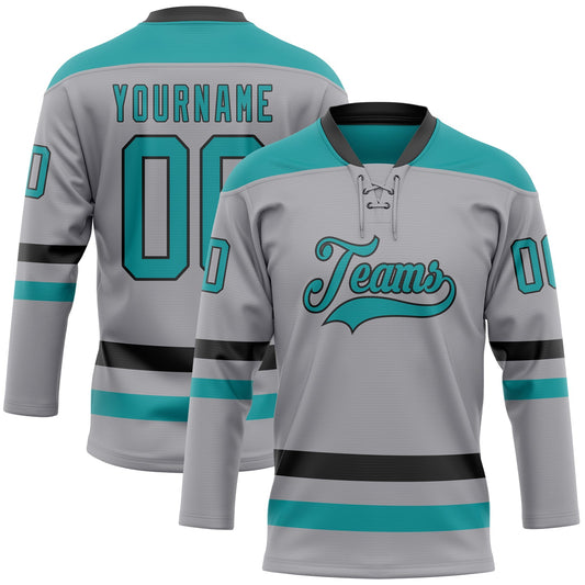 Custom Gray Teal-Black Hockey Lace Neck Jersey - Main View