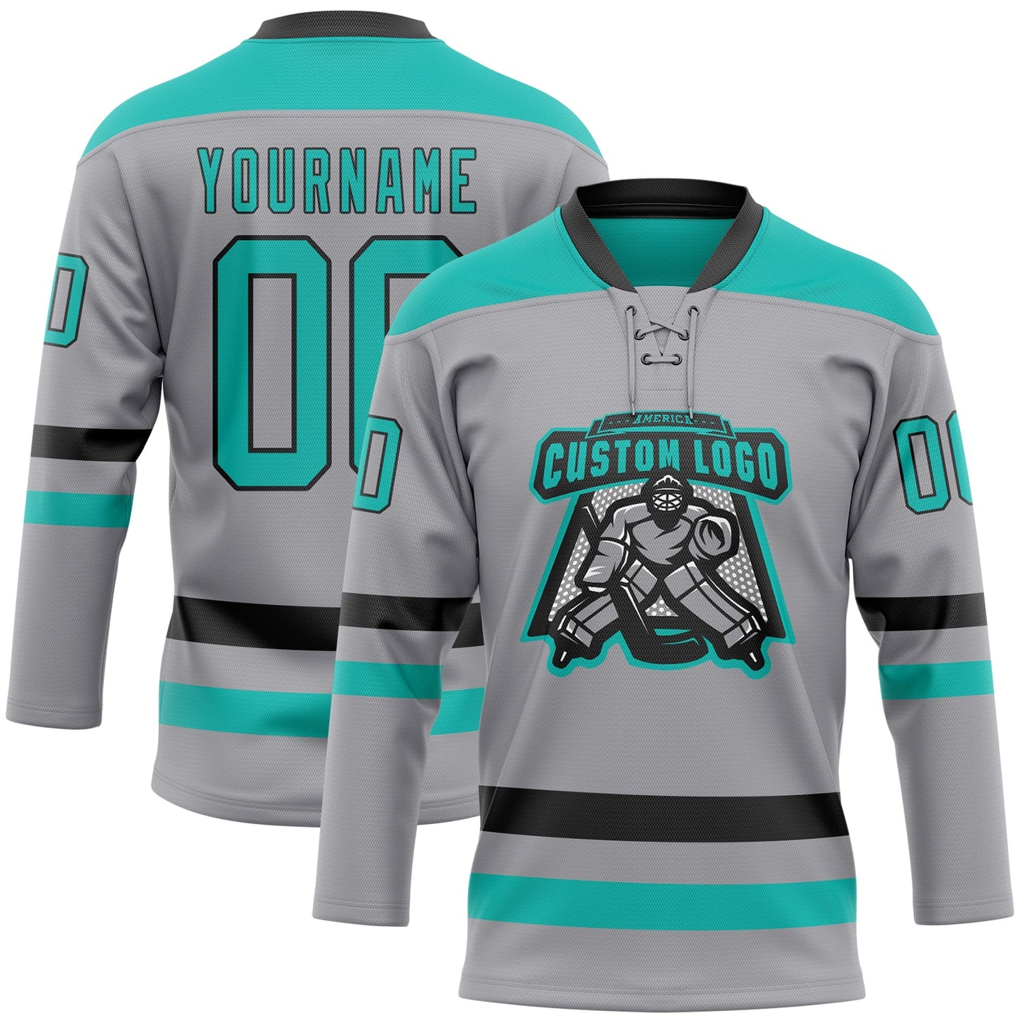Custom Gray Aqua-Black Hockey Lace Neck Jersey view 2