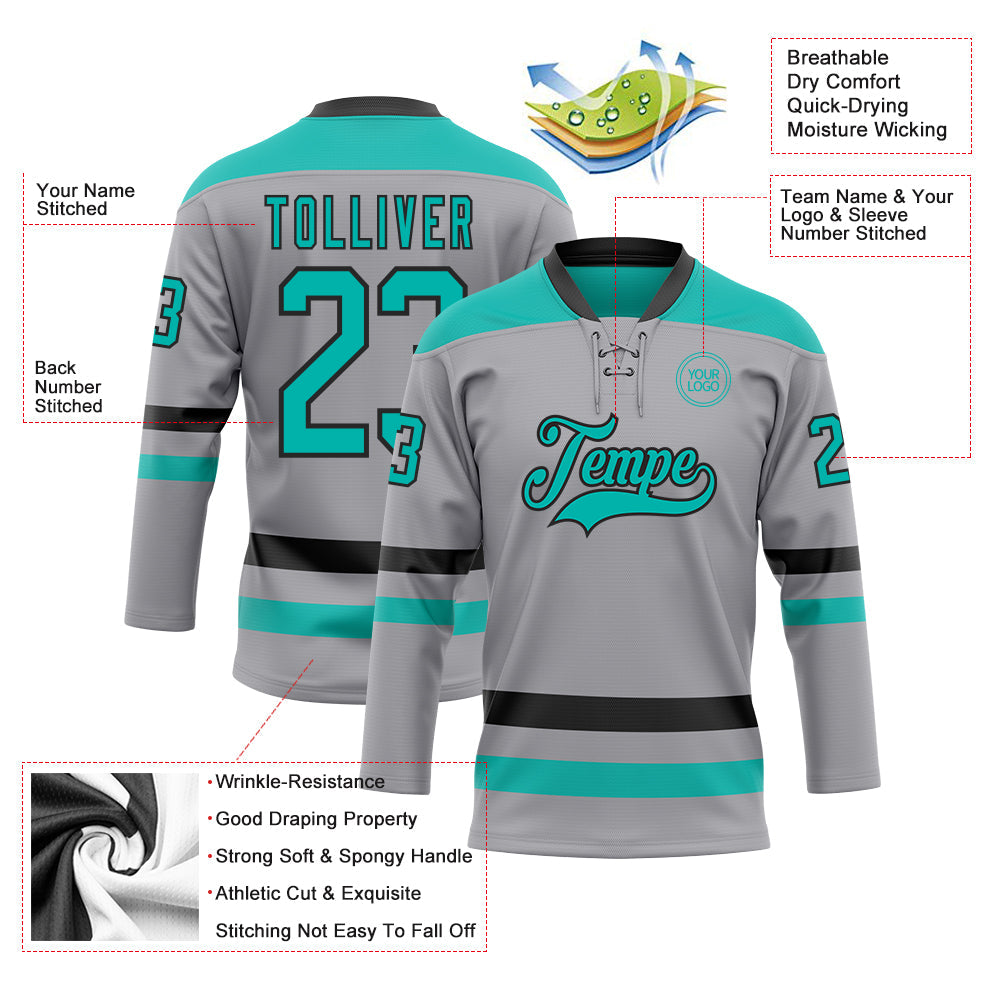 Custom Gray Aqua-Black Hockey Lace Neck Jersey view 3