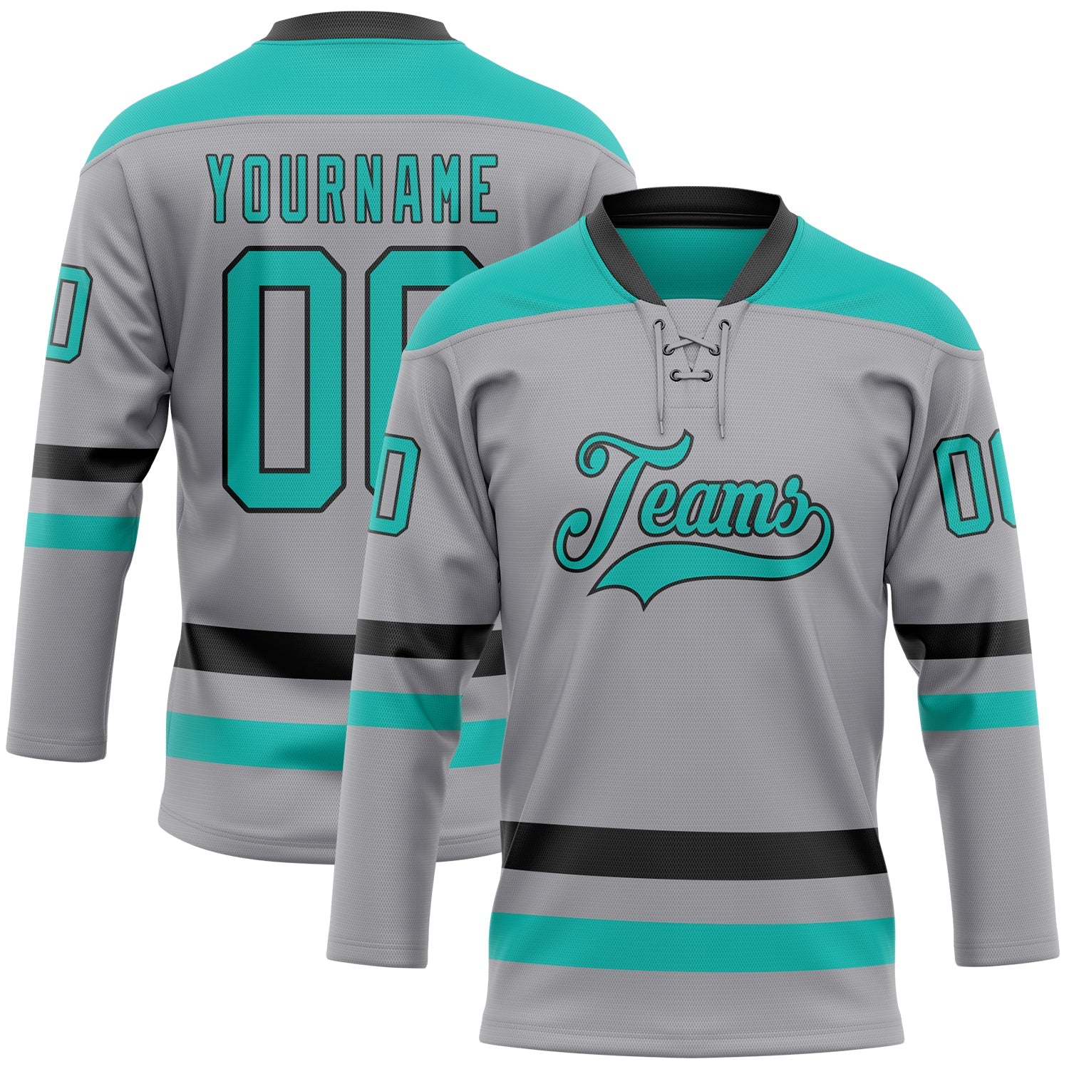 Custom Gray Aqua-Black Hockey Lace Neck Jersey - Main View