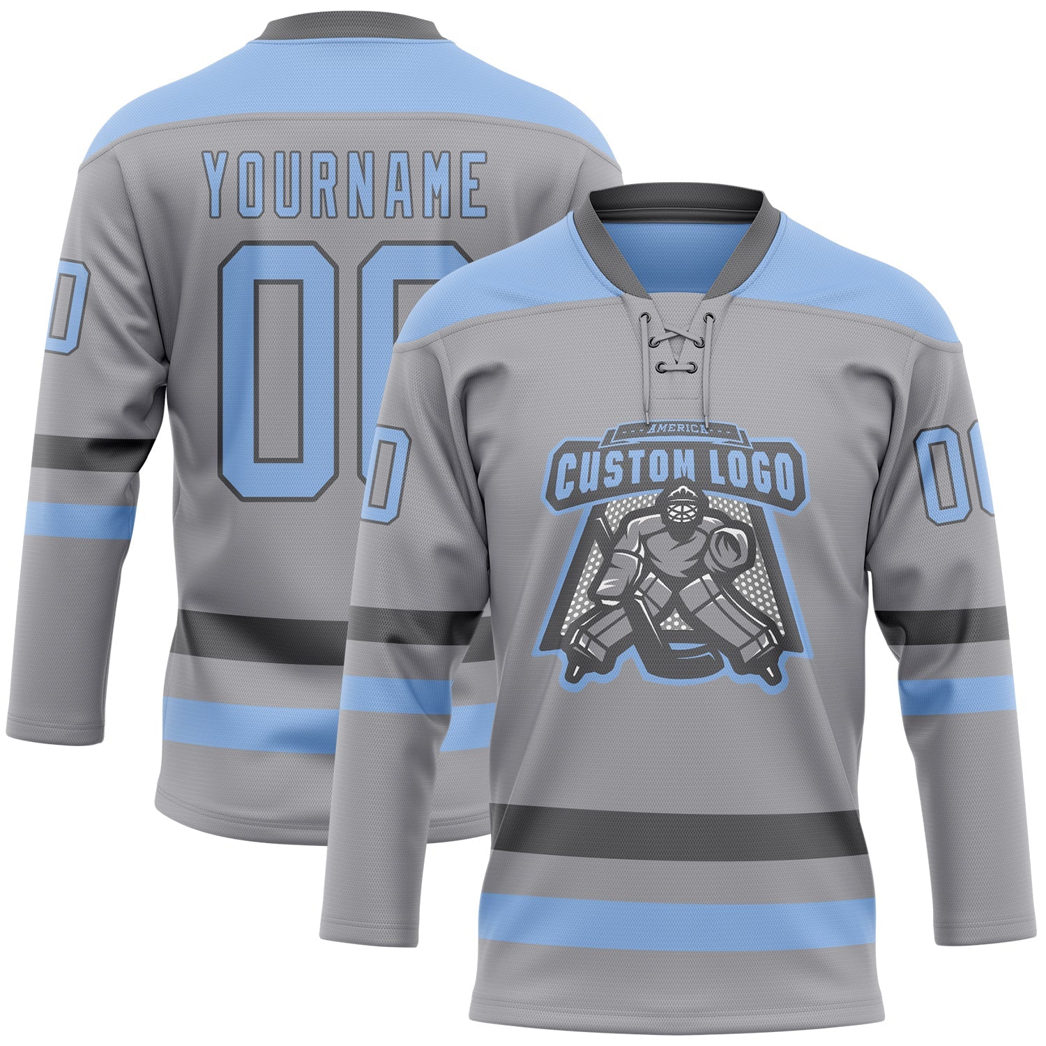 Custom Gray Light Blue-Steel Gray Hockey Lace Neck Jersey view 2