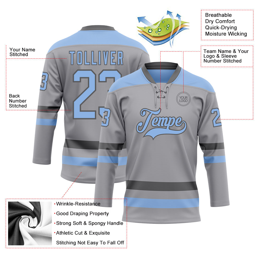 Custom Gray Light Blue-Steel Gray Hockey Lace Neck Jersey view 3