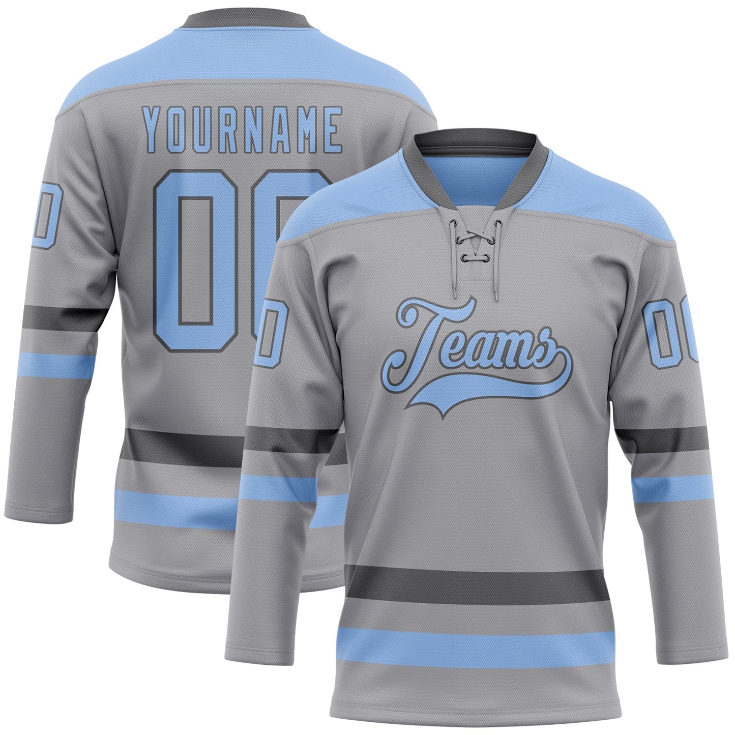 Custom Gray Light Blue-Steel Gray Hockey Lace Neck Jersey - Main View