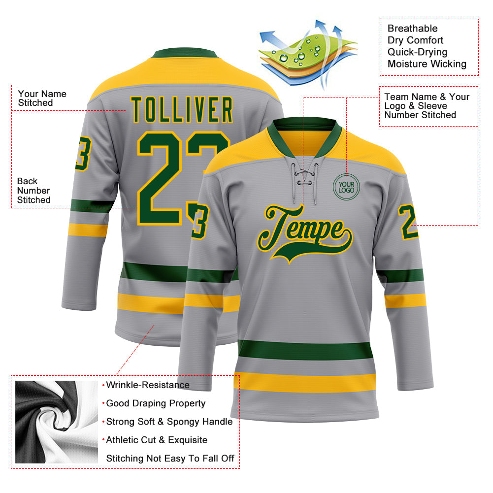 Custom Gray Green-Gold Hockey Lace Neck Jersey view 3