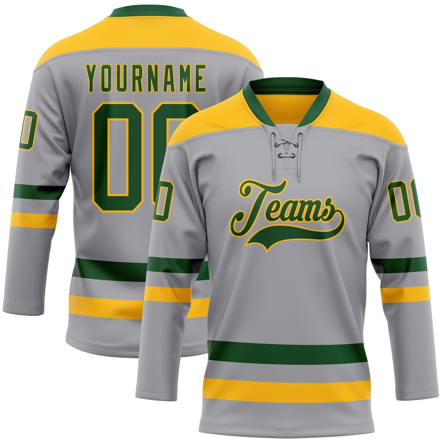Custom Gray Green-Gold Hockey Lace Neck Jersey - Main View