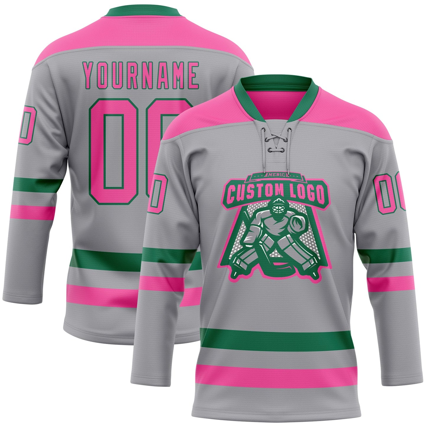 Custom Gray Pink-Kelly Green Hockey Lace Neck Jersey view 2