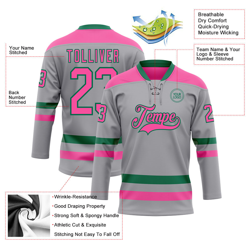 Custom Gray Pink-Kelly Green Hockey Lace Neck Jersey view 3