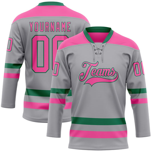 Custom Gray Pink-Kelly Green Hockey Lace Neck Jersey - Main View