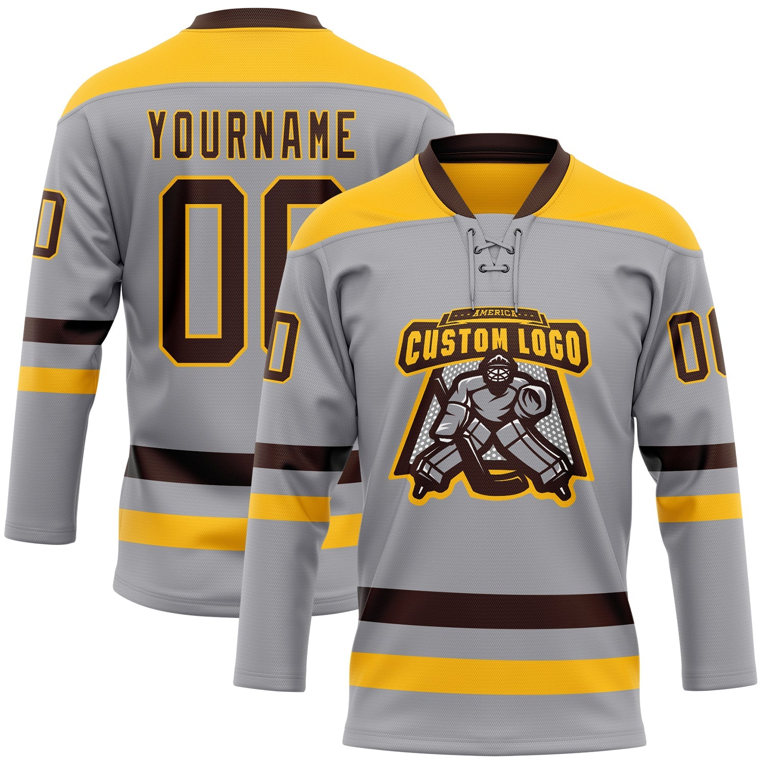 Custom Gray Brown-Gold Hockey Lace Neck Jersey view 2
