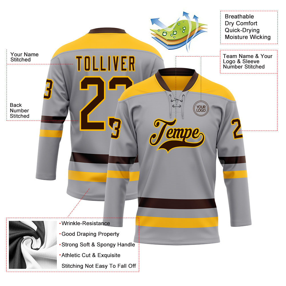 Custom Gray Brown-Gold Hockey Lace Neck Jersey view 3