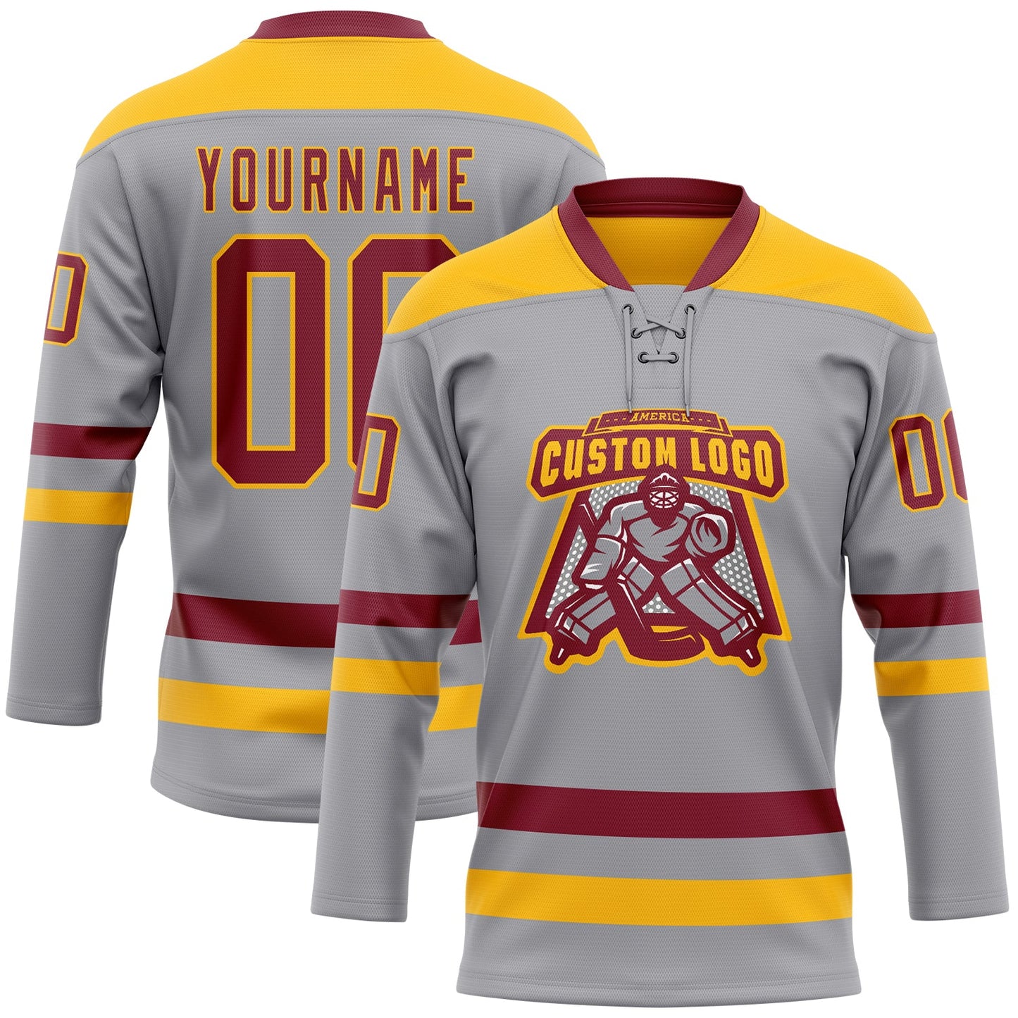 Custom Gray Crimson-Gold Hockey Lace Neck Jersey view 2